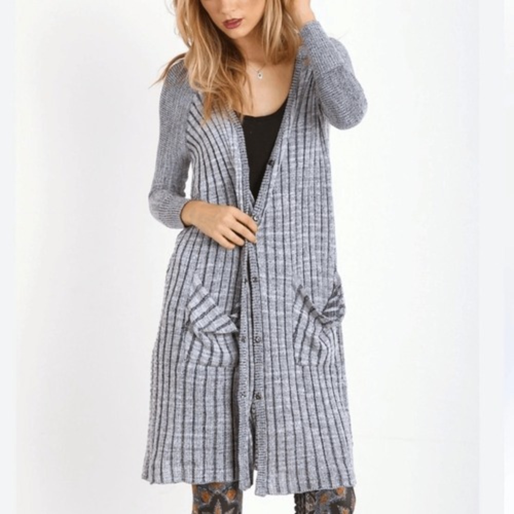Free People Shadow Stripe Knit Longline Cardigan Gray Sz S Loungewear Casual